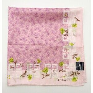 Givenchy Scarf Pink Floral Pattern w/ Monogram Border & Green Floral Accents